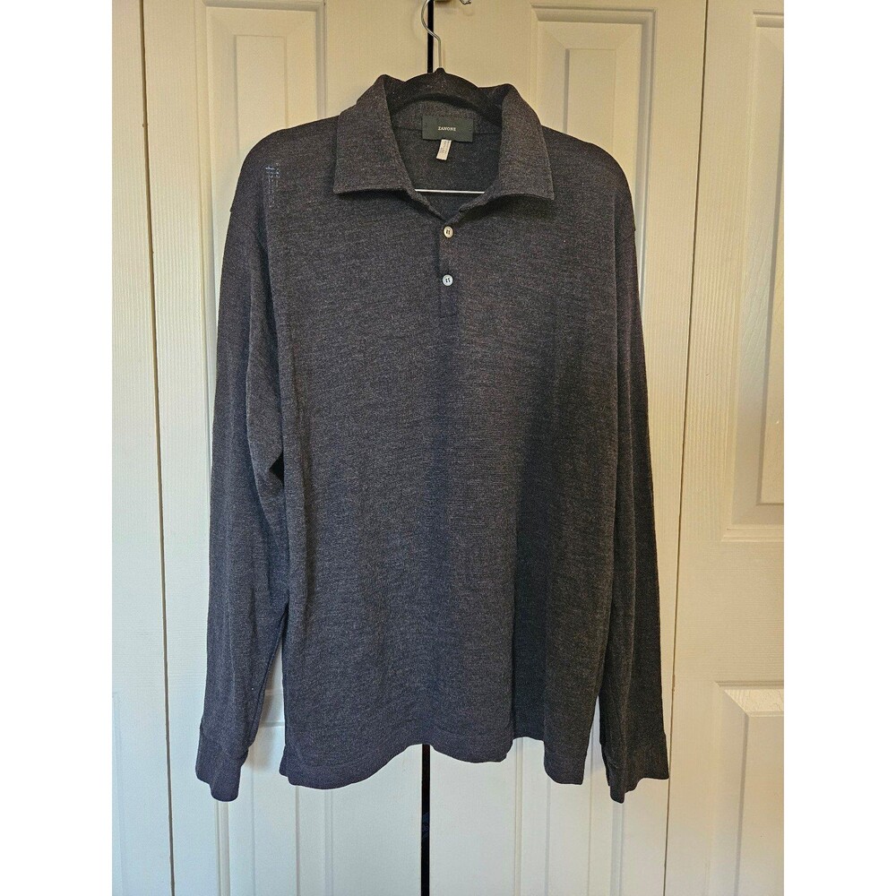Zanone Lana wool long sleeve polo Henley sweater 54 2XL XXL 2X charcoal grey